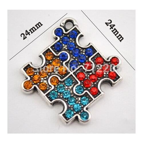 Antique silver zinc with Multi-Colored crystals Autism Hope Puzzle Piece Pendant(P110001-1)