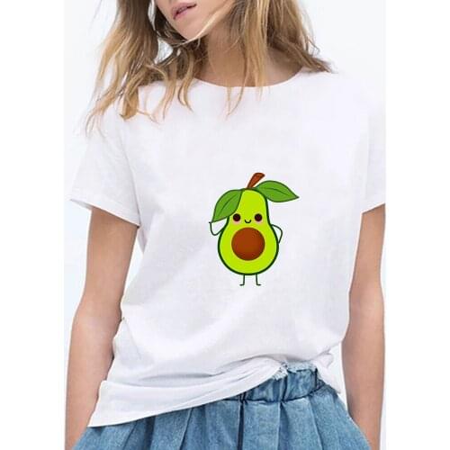 White Tee Korean Shirt Funny Avocado Print Short-sleeved Girl Cute T-shirt Casual Fashion O-neck Tshirt Kawaii Aesthetic Clothes