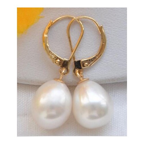 Free shipping>>>>noble jewelry 14K Yellow Gold HOT Huge AAA+ 10-13mm White South Sea Pearl Earrings