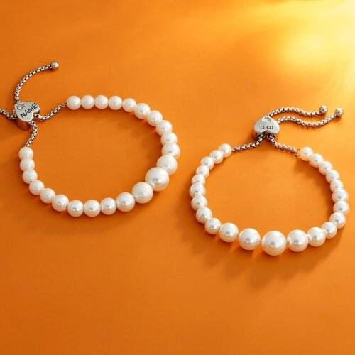 Customized Name Imitation Pearl Beads Bracelets Engrave Heart Pandent Bangle For Woman Sisters