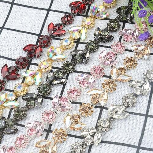 60cm Champagne Crystal Leaves Flowers Rhinestone Chain Ribbon Trims For DIY Crafts Wedding Decoration Sewing Applique Gold