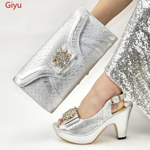 Doershow Shoes and Bag Set African Sets silver Ladies Italian Shoes and Bag Set Decorated with Rhinestone Nigerian Shoes!SAB1-27