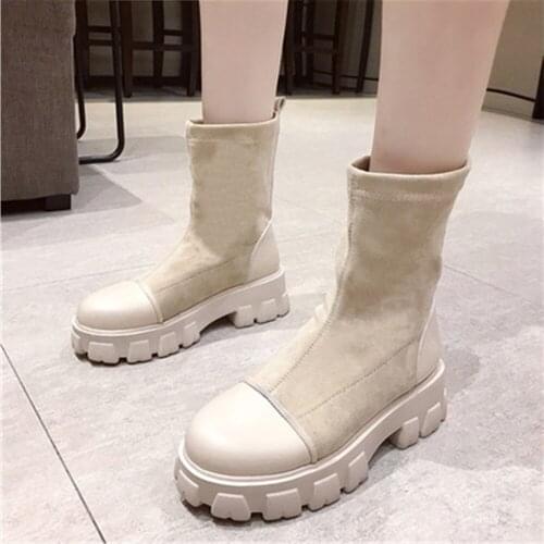 Elastic Suede Thick Soled Motorcycle Boots Autumn Winter Plush Warm Short Boots Korean Round Head Slim Womens Square Heel Shoes