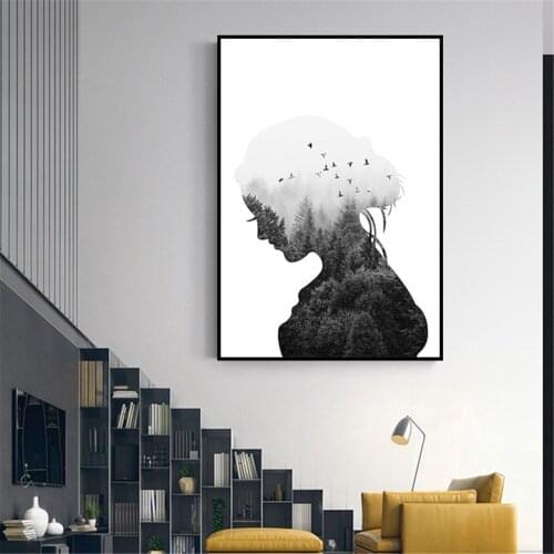 Modern Forest Girl Silhouette Poster Canvas Print Painting Wall Art Living Room Home Decoration