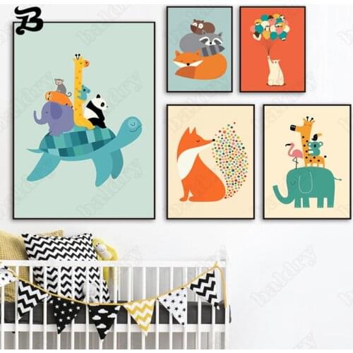 Colorful Animals Wall Art Canvas Painting Nordic Lovely Elephant Panda Fox Posters Prints Cartoon Wall Pictures Kids Room Decor