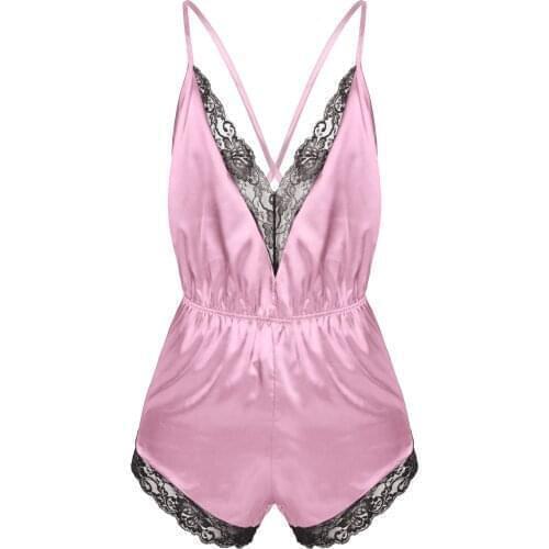 Mens Lingerie Sissy Crossdress Pajamas Sleepwear Lace Trimmed Erotic Sex Costume Jumpsuit Romper Satin V-neck Gay Male Nightwear