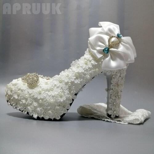 11CM block high heels platform shoes white lace flower wedding shoes bride luxury plus size 41 42 ladies lace bow party pumps