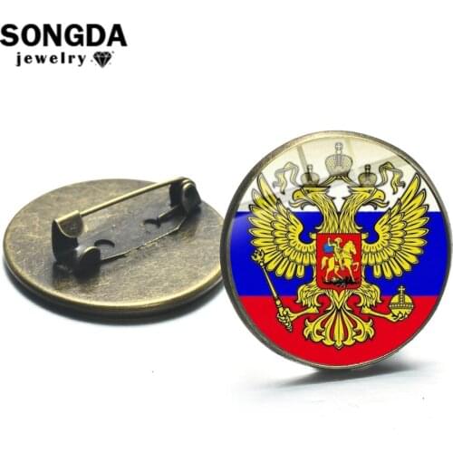 SONGDA 2019 New Russian Flag National Emblem Brooch Gold Color Two-headed Double Eagle Printed Glass Gem Shirt Lapel Pins Badges