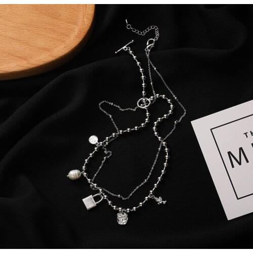 Origin Summer Exquisite Lock Pearl Beaded Chokers Necklace for Women Mujer Silver Color Coin Multilayer Pendant Necklace