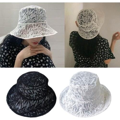 Korean Fresh Style Women Summer Bucket Hat Embroidery Flower Leaf Sheer Lace Wide Brim Sunscreen Leisure Fisherman Cap