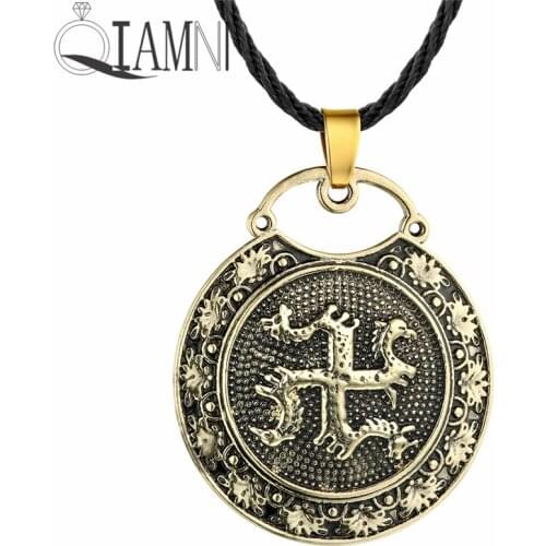QIAMNI Punk Slavic Kolovrat with a Horse Round Pendant Necklace Men Amulet Nordic Viking Jewelry Friendship Charm Birthday Gift