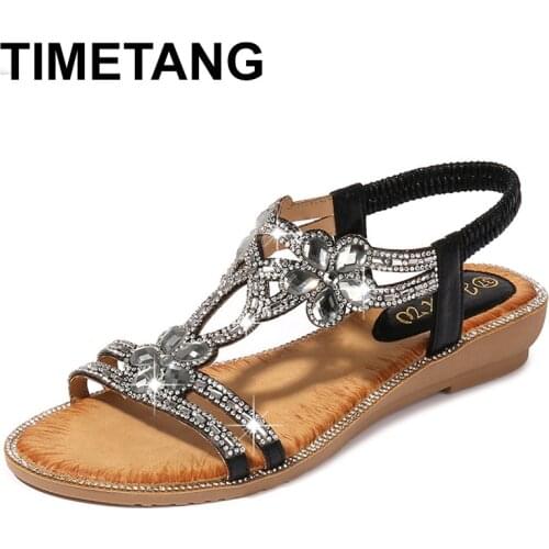 TIMETANG Retro Rome Crystal Sandals For Women Summer Bohemia Beach Casual Shoes Woman Elastic Band Sandal Low Heel African Sanda