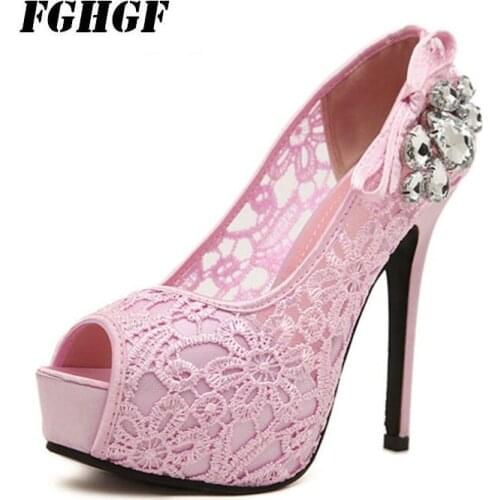 Lace Water Drill Fish Mouth Shallow Mouth Single Shoes Stiletto Slipper Female Pink Rhinestone Wedding Shoes