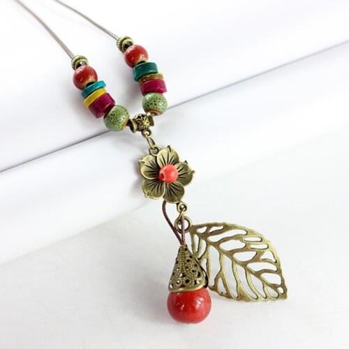 Fashion Jewelry Vintage Bohemia Ceramic Stone Pendant Necklace Handmade Leaf Flower Colorful Necklaces Free Shipping Nc118