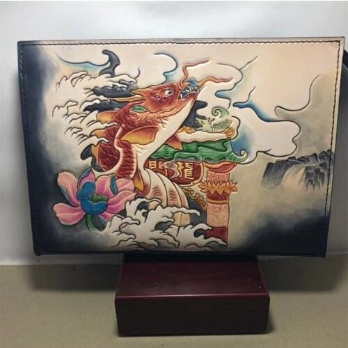 Handmade Women Vegetable Tanned Leather Carvings Carp Bag Money Holder Clutch Purse Cigarette Pocket Clutches Envelope