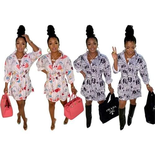 RStylish 2021 Autumn Fashion Newspaper Print Long Sleeve Women Turn Down Collar Button Up Streetwear Shirt Midi Dress