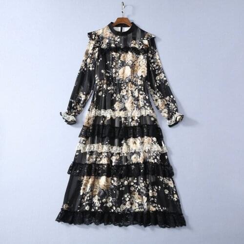 1106 2021 Free Shipping Spring Dress Crew New Long Sleeve Flora Print Empire Fashion Womens Clothes SH