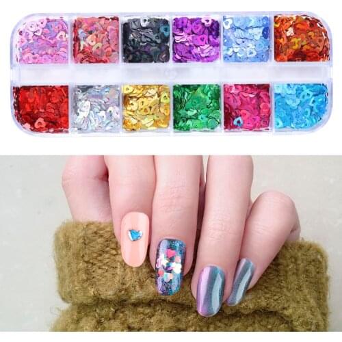 12 Color Nails Art Shinny Love Heart-shape Nail Sequins 3D Nail Decoration Design Holographic Laser Colorful Glitter Flakes