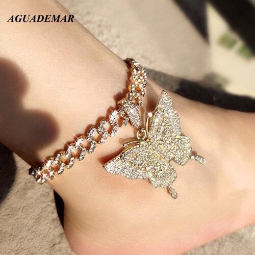 Hip Hop Crystal Big Butterfly Cuban Link Anklets for Women Iced Out Shiny Mimai Cuban Anklet Bracelets Chunky Chain Foot Jewelry