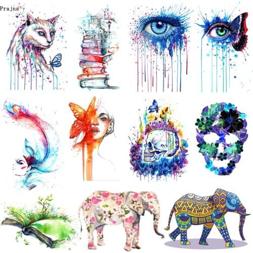 Prajna Colorful Punk Elephant Iron On Heat Transfers Vinyl Thermal Heat Transfer Skull Flower Eye Patches For Clothes Jacket DIY