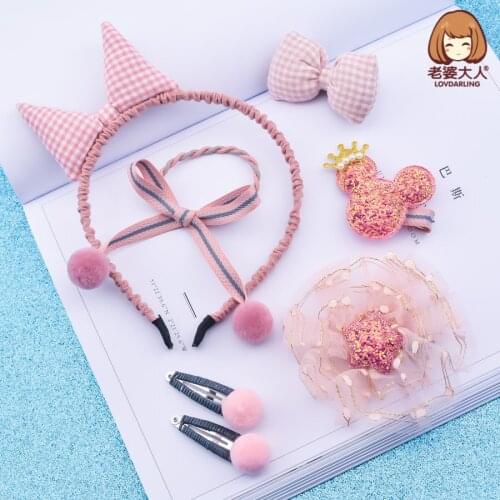 Lovdarling Handmade Fabric Plaid Bow Plush Ball Sequined Mickey Childrens Headband Headband Set