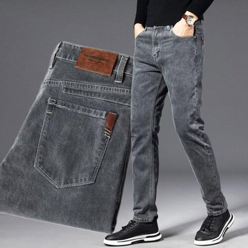 Jeans Slim Pour Homme Men Solid Gray Straight Jeans Business Stretch Trousers Casual Denim Pants Trend Mens Clothes Size 28-40