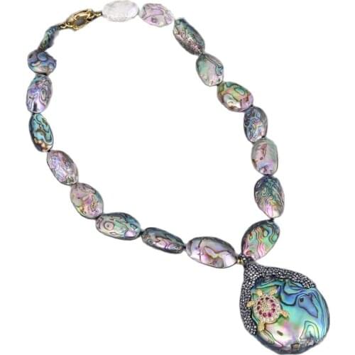 GuaiGuai Jewelry 19'' Narural Oval Abalone Shell Chocker Necklace CZ Tortoise Zircon Paved Pendant For Women