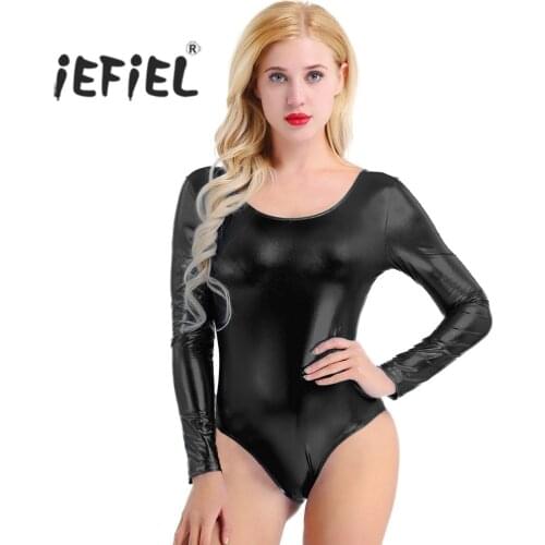 IEFiEL Women Adult Shiny Patent Leather Long Sleeves One-piece Thong Monokini Bodycon Leotard Dancewear Gymnastic Ballet Dress