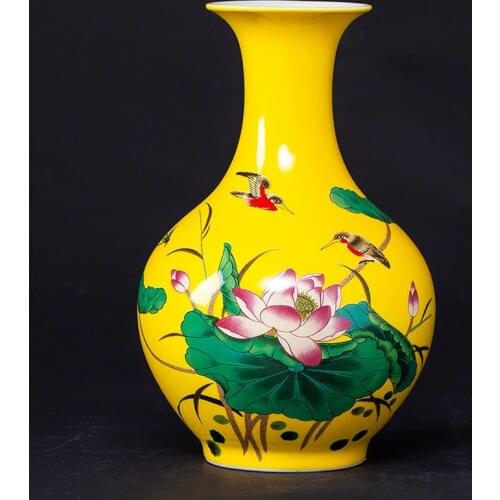 Classic Yellow Glaze Ceramic Lotus Peony Flower Vase Water Dried Flower Arrangement for Home Decoration
