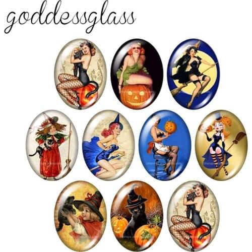Halloween Witch pumpkin cat 10pcs 13x18mm/18x25mm/30x40mm Oval photo glass cabochon demo flat back Making findings TB0044
