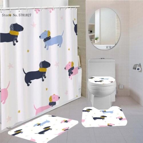 3/4Pcs Set Sausage Dog Dachshund Shower Curtain Pet Dog Floor Mat U Shape Mat Toilet Lid Cover Bath Curtain Bathroom Curtain Set