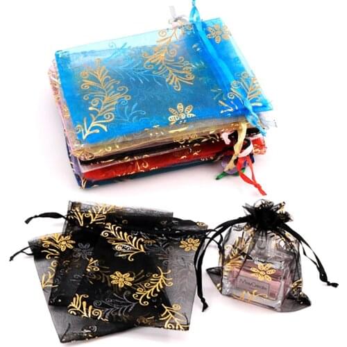 10/20/50/100pcs Gold Stamping Organza Pouches Bags Wedding Party Gift Drawstring Bag for Jewelry Earring Display Packaging 7x9cm