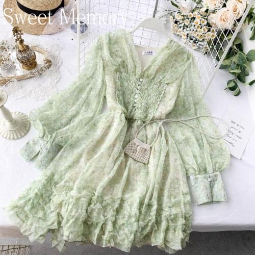 Sweet Memory Fashion Women Pink Green Chiffon Floral Clothes Sweet Short Dress