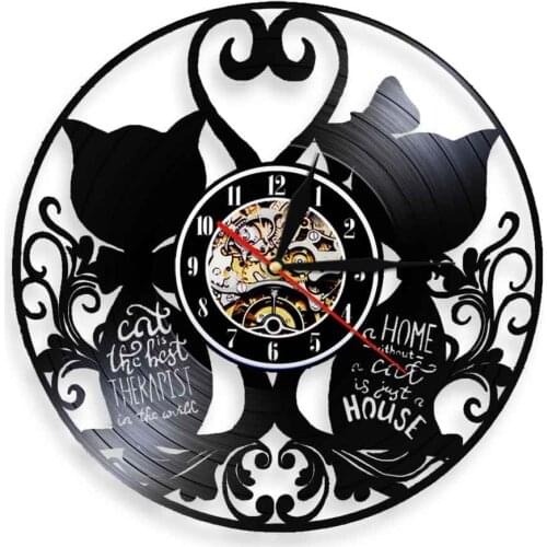 Cat Kitten Vinyl Record Wall Clock Home Decor Wall Art Kitten Hanging Watch Silent Quartz Creative LED Night Lamp Pet Lover Gift