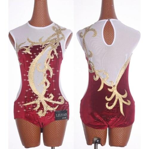 New Latin Dance Clothes Uniform Gymnastic Clothes Customized Womens Dress Wine Red and Gold Top Performing Dress #SS001