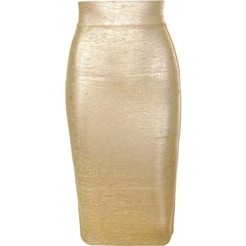 New Women Sexy Gold Rayon Bandage Skirts 2021 High Street Celebrity Knitted Designer Bodycon Midi Pencil Skirts 60cm