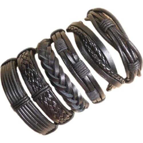 Handmade ethnic tribal genuine wrap charm bracelet Wholesale 6pcs/lot male pulsera Black punk leather bracelets bangles 2020