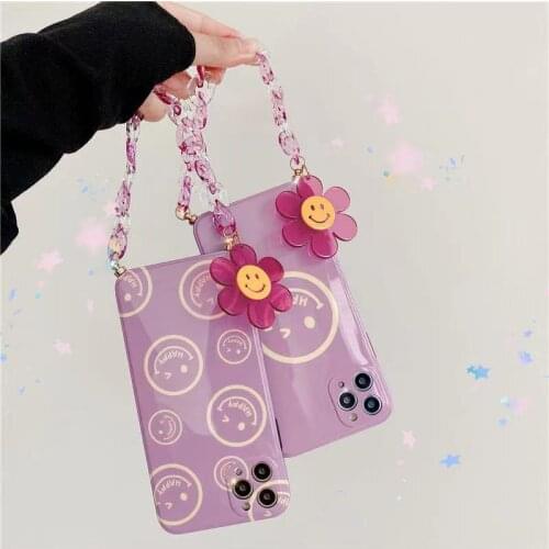 Shockproof Wrist Chain Clear Phone Case for iPhone 12 Pro Max 7 8 Plus XR X Cute Flower Crystal chain Hanging Case for iPhone 11