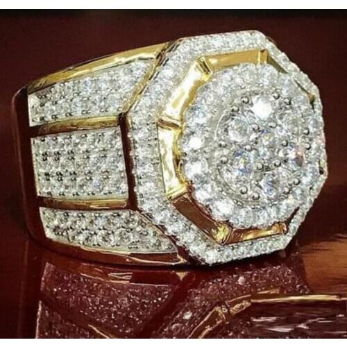 Luxury Bling Bling Rhinestone Iced Out Rings for Men Hexagon Hip Hop Gold Rings Male Wedding Band Rings Lover Jewelry Gifts