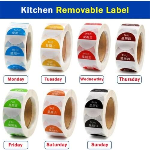 7 Rolls/Set Day of The Week Rotation Label Food 1 x 1 Inch Dissolvable Removable Label Sticker (Roll of 500) (Monday to Sunday)