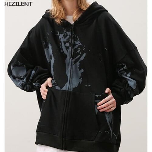 Zip-up Y2K Harajuku Korean style loose Portrait Graphic print goth Grunge long-sleeved hooded coat Grunge jacket Fashion clothes