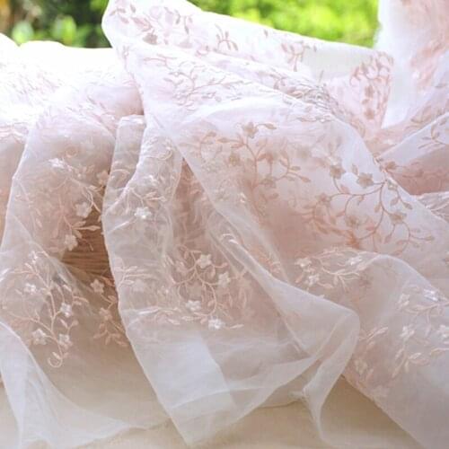 High quality soft mesh fabric Pink floral embroidery tissu Hand made DIY dress skirt material