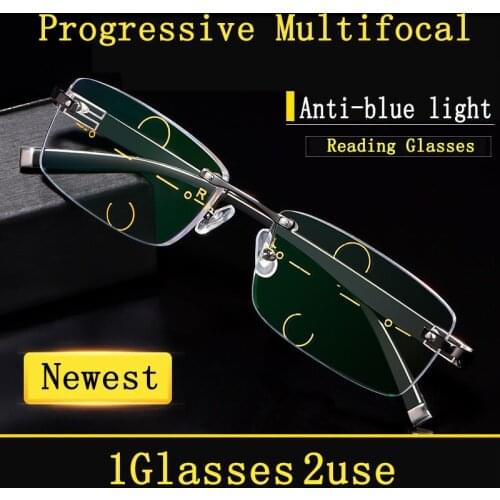 High-end Business Multi-Focal Progressive Reading Glasses Men Women Rimless Anti Blue Light Presbyopic Male Diopter Eyeglasses