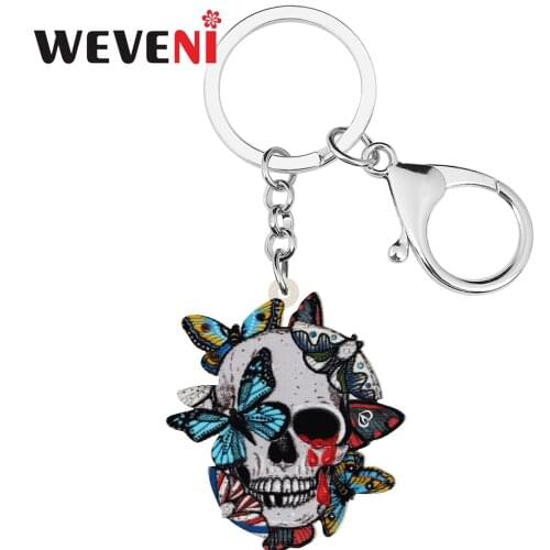 WEVENI Halloween Acrylic Horror Colorful Butterflies Skull Skeleton Keychains Fashion Key Chain Ring Gift Jewelry For Women Girl