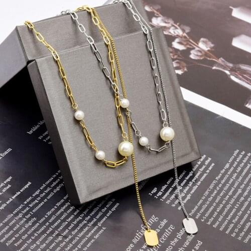 XIYANIKE 316L Stainless Steel Pearl Letter Tag Necklaces For Women Unilateral Tassel Choker 2021 Trend New Fashion Gift Jewelry