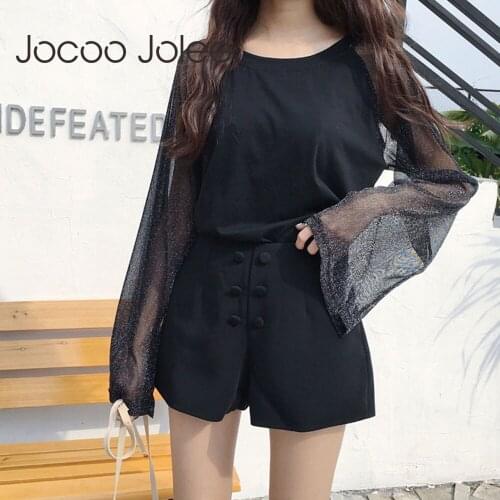 Jocoo Jolee Women Mesh Sheer Flare Long Sleeve Loose Blouse Elegant O Neck Patchwork Shirts Casual Sexy Clubwear Tops
