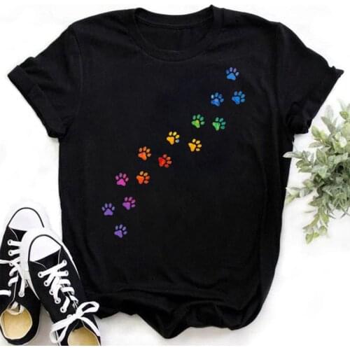 Cat MOM womens top summer fashion short-sleeved cat and dog paw print womens T-shirt cute dog paw womens top