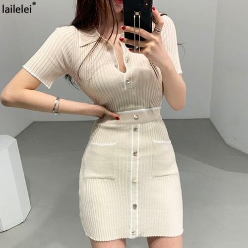 Knitted 2-piece set Button pocket pullover top short sleeve + mini skirts suit summer elegant casual ladies new 2021 Korea Two