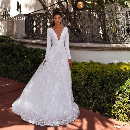 Aedmgh A-Line Beach Wedding Dresses 2021 V-Neck Long Sleeve Bride Dress Lace Appliques Beading Satin Court Train Robe De Mariee