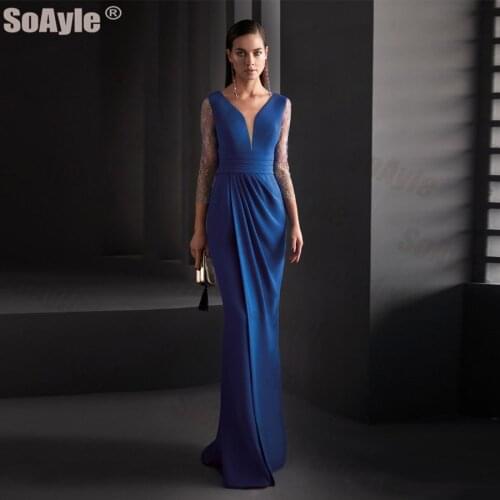 SoAyle Blue Crepe Evening Dress V-neck 3/4 Lace Sleeveless Formal Evening Dresses Mermaid Dress Godmother Evening Dresses